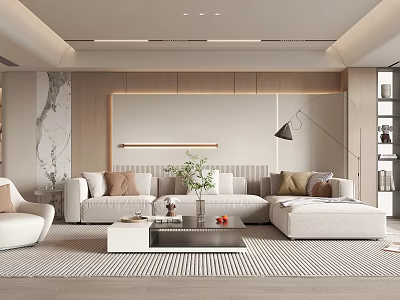 Modern Elegant Living Room Interior With Light Colored Sofa Wooden Elements And Marble Accent Wall 3d model