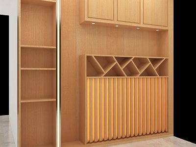 Wooden Bookcase Interior With Layered Shelves Middle Lattice Design Bottom Vertical Slats And Warm Lighting 3d model