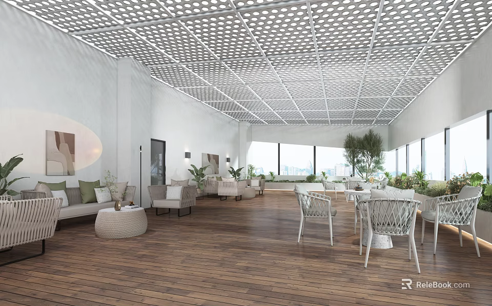 Casual Lounge Area Interior With White Walls Wooden Flooring Grid Ceiling Green Plants Large Windows 3d model 