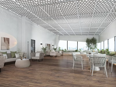 Casual Lounge Area Interior With White Walls Wooden Flooring Grid Ceiling Green Plants Large Windows 3d model