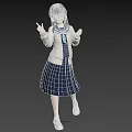 School Girl In White Jacket Blue Scarf Dark Pleated Skirt White Sneakers On Yellow Background