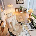Beige Leather Office Chair And Wooden Desk Set With Laptop Coffee Cup And Newspaper