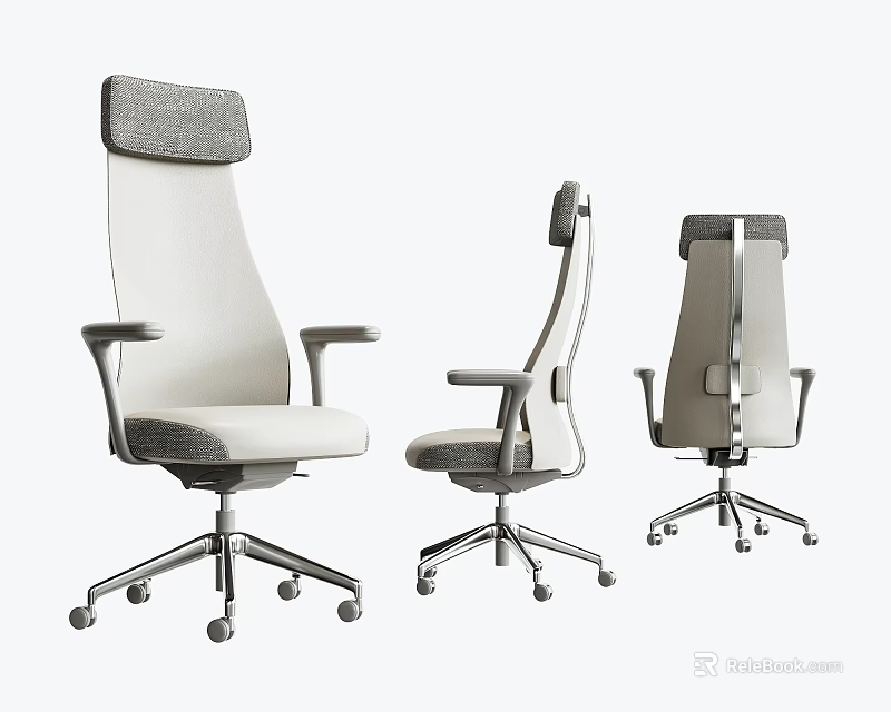 Modern Office Chair Multi Angle View With Grey White Upholstery And Metal Base Wheels 3d model 