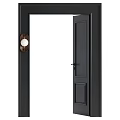Open Black Door With Matching Frame And Round White Lampshade Wall Light