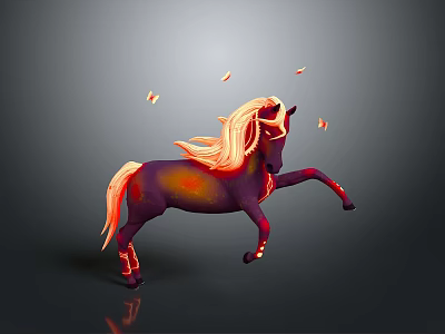 3D Horse Model With Purple Red Body Orange Mane And Tail Leaping With Floating Leaves 3d model