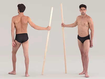 Man Wearing Black Underwear Holding Wooden Stick Front and Back View Displaying Posture 3d model