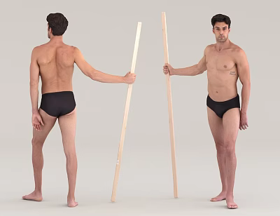 Man Wearing Black Underwear Holding Wooden Stick Front and Back View Displaying Posture 3d model