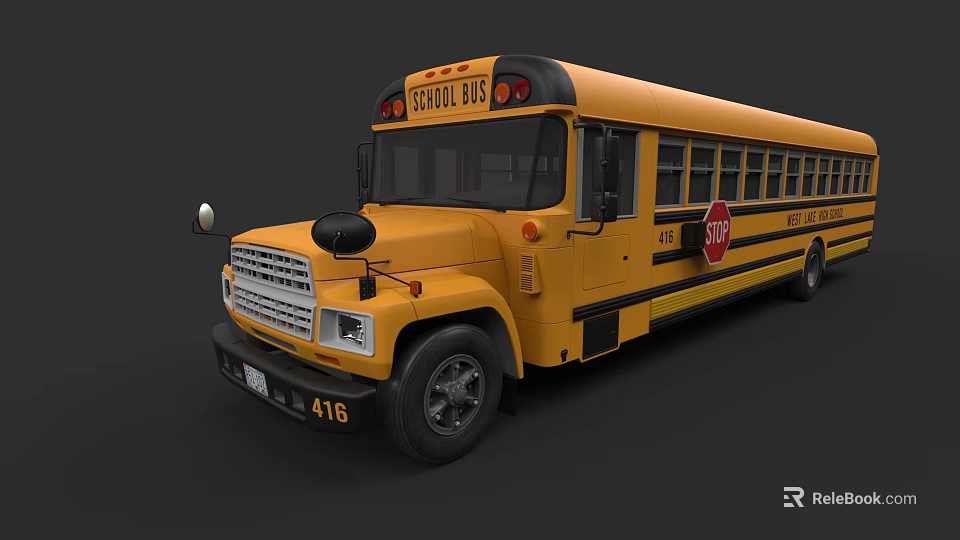 Yellow School Bus With Stop Sign And Number 416 On Dark Background 3d model 