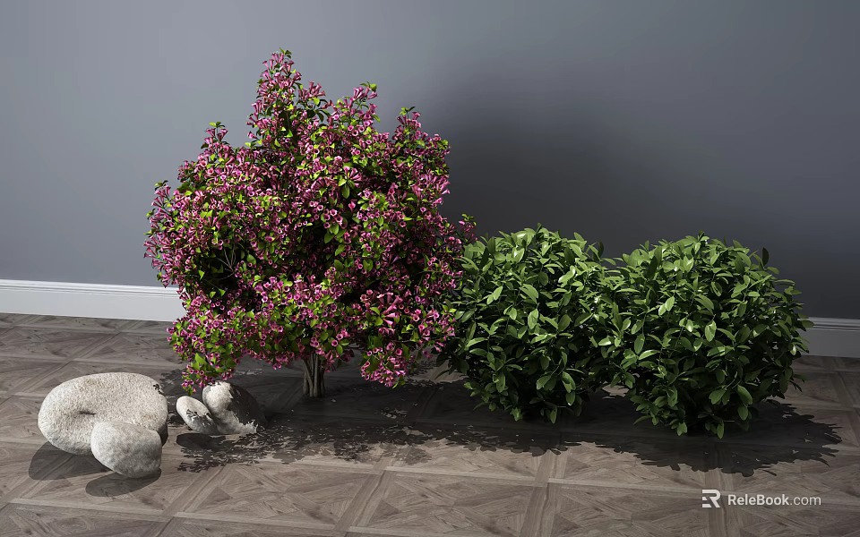 Pink Flowering Shrub And Green Shrubs On Wooden Floor With Stones 3d model 