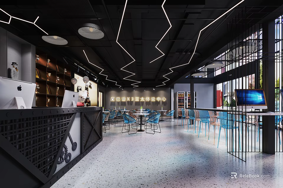 Modern Store Front Desk With Geometric Ceiling Lighting And Blue Seating Area 3d model