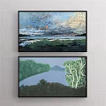 Landscape Painting With Vibrant Sky Dramatic Clouds Calm Water And Green Grass