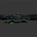 Dark Worn Scope With Green Glowing Elements And Gear Structure Design