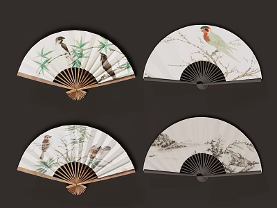 Traditional Chinese Fan Wall Hangings With Birds Bamboo And Landscape Patterns 3d model