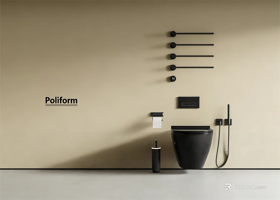 Modern Black Toilet Design With Wall Mounted Towel Racks And Tissue Holder 3d model 