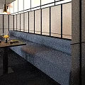 Chinese Style Restaurant Interior With Screen Partitions Red Floral Decor And Blue Banquettes