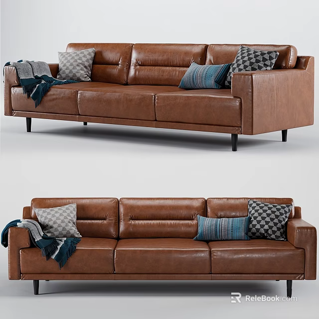 Brown Leather Double Sofa Featuring Decorative Pillows Throw Blanket and Black Legs 3d model
