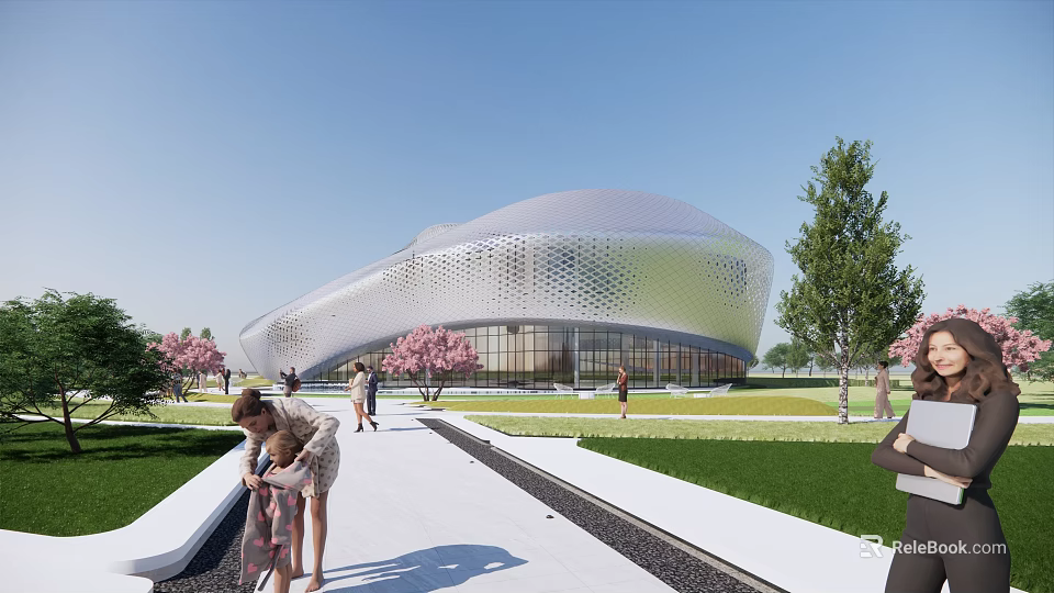 Modern Sales Office Building with Silver Curved Roof Perforated Exterior Lawn Trees and People Walking 3d model 