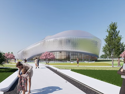 Modern Sales Office Building with Silver Curved Roof Perforated Exterior Lawn Trees and People Walking 3d model