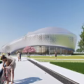 Modern Sales Office Building with Silver Curved Roof Perforated Exterior Lawn Trees and People Walking