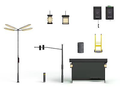 Outdoor Public Facilities Collection With Street Lamps Lanterns Control Panels Trash Can Ladder And Cabinet 3d model