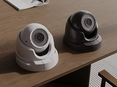 White And Black Dome Surveillance Cameras Placed On Wooden Desk 3d model
