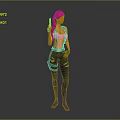 Game Movie Character With Red Hair Holding Gun Green Pants Black Top And Gloves