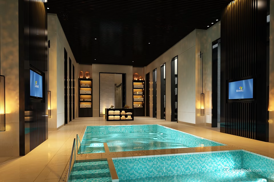 Relaxing SPA Sauna Environment With Indoor Pool Jacuzzi Wooden Decor And Ambient Lighting 3d model 