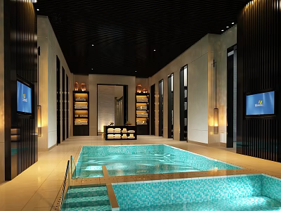 Relaxing SPA Sauna Environment With Indoor Pool Jacuzzi Wooden Decor And Ambient Lighting 3d model