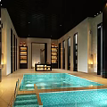 Relaxing SPA Sauna Environment With Indoor Pool Jacuzzi Wooden Decor And Ambient Lighting