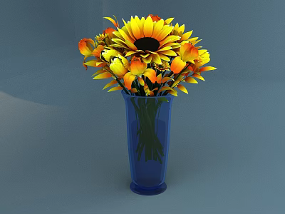 Blue Glass Vase With Vibrant Yellow Orange Sunflower Flower Arrangement 3d model