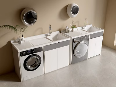 Modern Laundry Interior With Two Washing Machines White Cabinets Double Sinks And Wall Mounted Mirrors 3d model