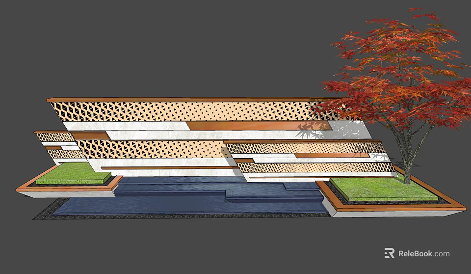 Perforated Landscape Wall With Layered Design Green Lawn And Red Maple Tree 3d model 