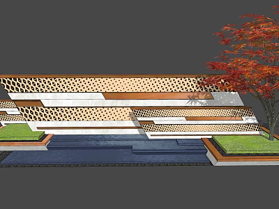 Perforated Landscape Wall With Layered Design Green Lawn And Red Maple Tree 3d model