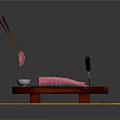 Fresh Sushi Served on Wooden Cutting Board with Chopsticks Soy Sauce Dish and Bamboo Mat