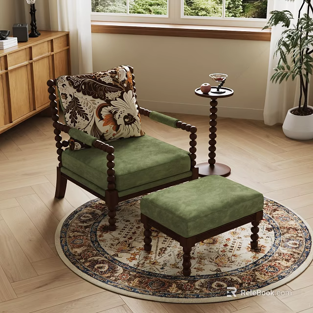 Green Velvet Lounge Chair with Wooden Arms and Ottoman on Ornate Round Area Rug 3d model 