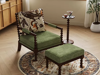 Green Velvet Lounge Chair with Wooden Arms and Ottoman on Ornate Round Area Rug 3d model