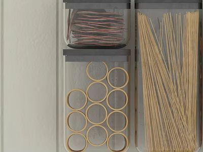 Ceramic Utensils Organized In Transparent Containers With Circular Rings And Slender Sticks 3d model