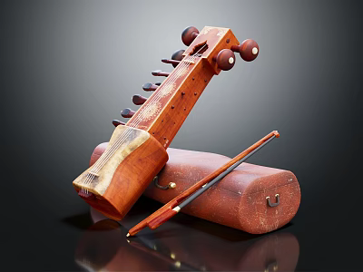 Musical Instruments and Art Supplies with Vintage Wooden String Instrument Leather Case and Brush 3d model