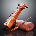 Musical Instruments and Art Supplies with Vintage Wooden String Instrument Leather Case and Brush