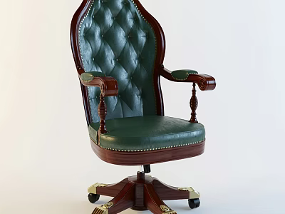 Classic Green Leather Office Chair With Tufted Backrest And Wooden Armrests 3d model