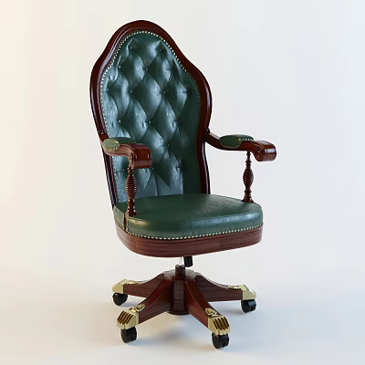 Classic Green Leather Office Chair With Tufted Backrest And Wooden Armrests 3d model