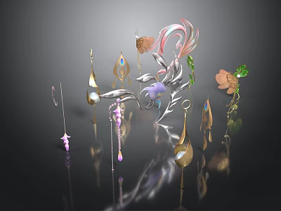 Shiny Colorful Decorative Accessories With Feather Flower And Gold Pendant 3d model