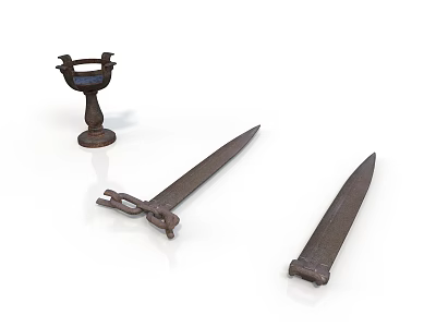Ancient Style Double Edged Metal Swords With Decorative Stand For Historical Collection 3d model