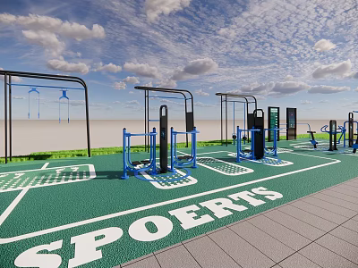 Outdoor Fitness Space With Green Ground SPOERIS Sign And Exercise Equipment 3d model