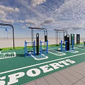 Outdoor Fitness Space With Green Ground SPOERIS Sign And Exercise Equipment