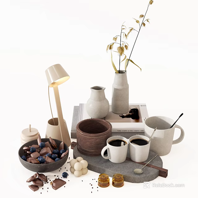 Elegant Decorative Ornament Collection With Vases Lamp Mugs Bowl Books And Dried Flowers 3d model 