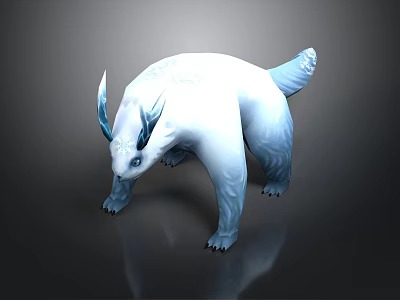 Crouching White Mythical Creature With Blue Antlers Ears And Snowflake Tail 3d model
