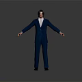 3D Rendered Blue Suit Character Standing With Arms Outstretched On Gray Background