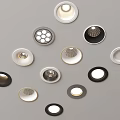 Modern Downlights and Spotlights with Various Round Designs in Black White Gold on Grey Background