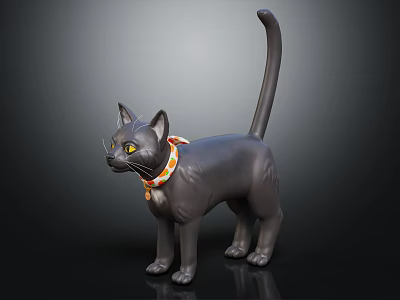 Realistic Black Cat Doll With Colorful Collar Standing On Dark Background 3d model